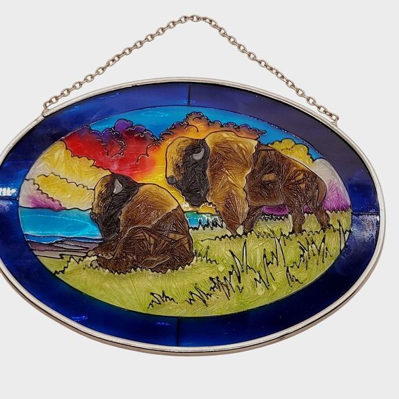 Roaming BuffaloHand Painted Suncatcher Glass Oval Shape Chain AMIA of Denver - Picture 1 of 4